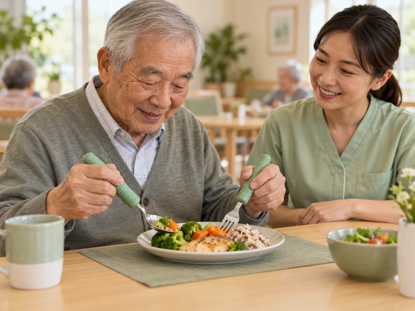 An elder using easy-grip cutlery at a care-home dining table