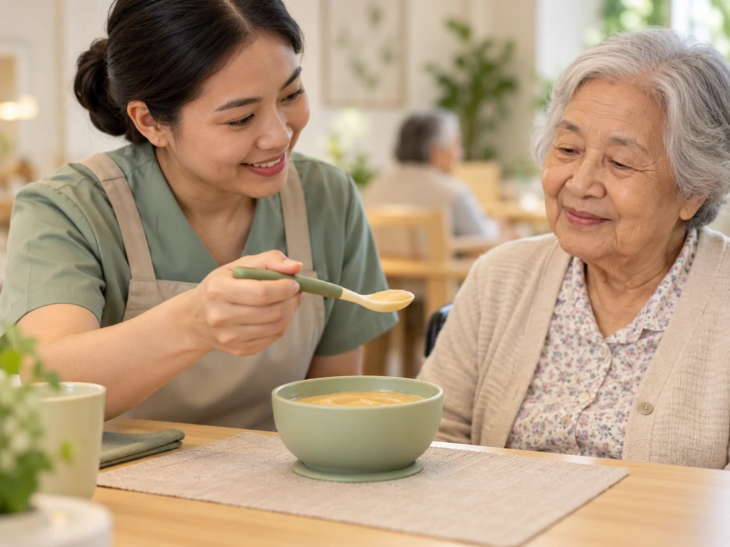 A carer using a soft-tip feeding spoon beside an elder at mealtime