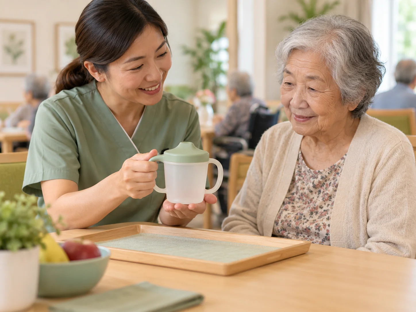 A carer demonstrating a measured-sip cup to an elder at a dining table