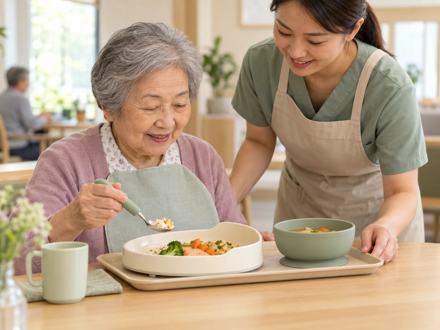 An elder and carer using a scoop plate and non-slip bowl at mealtime