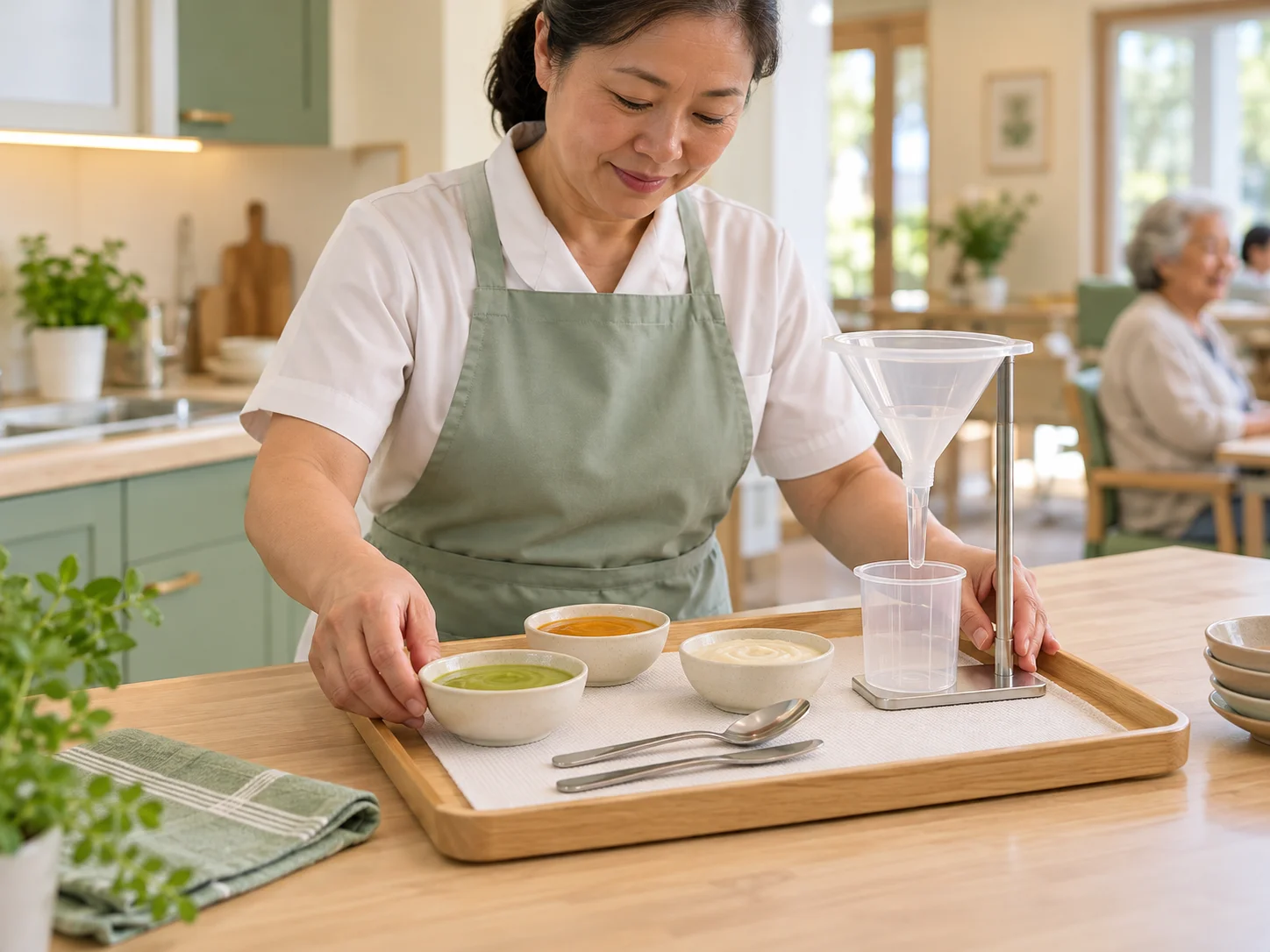 A care-kitchen worker arranging texture and fluid testing tools