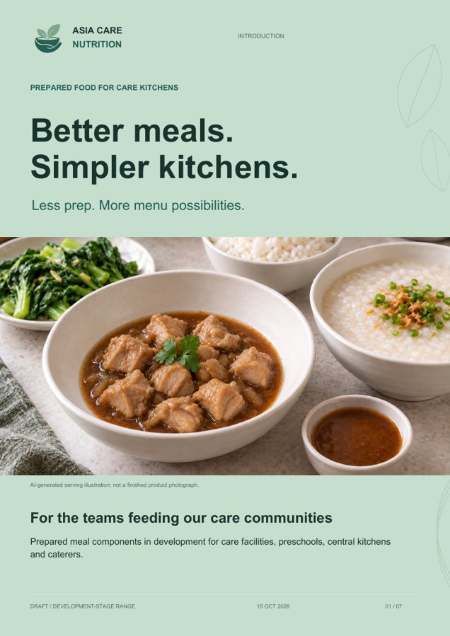 Asia Care Nutrition introductory brochure cover: Better meals. Simpler kitchens.